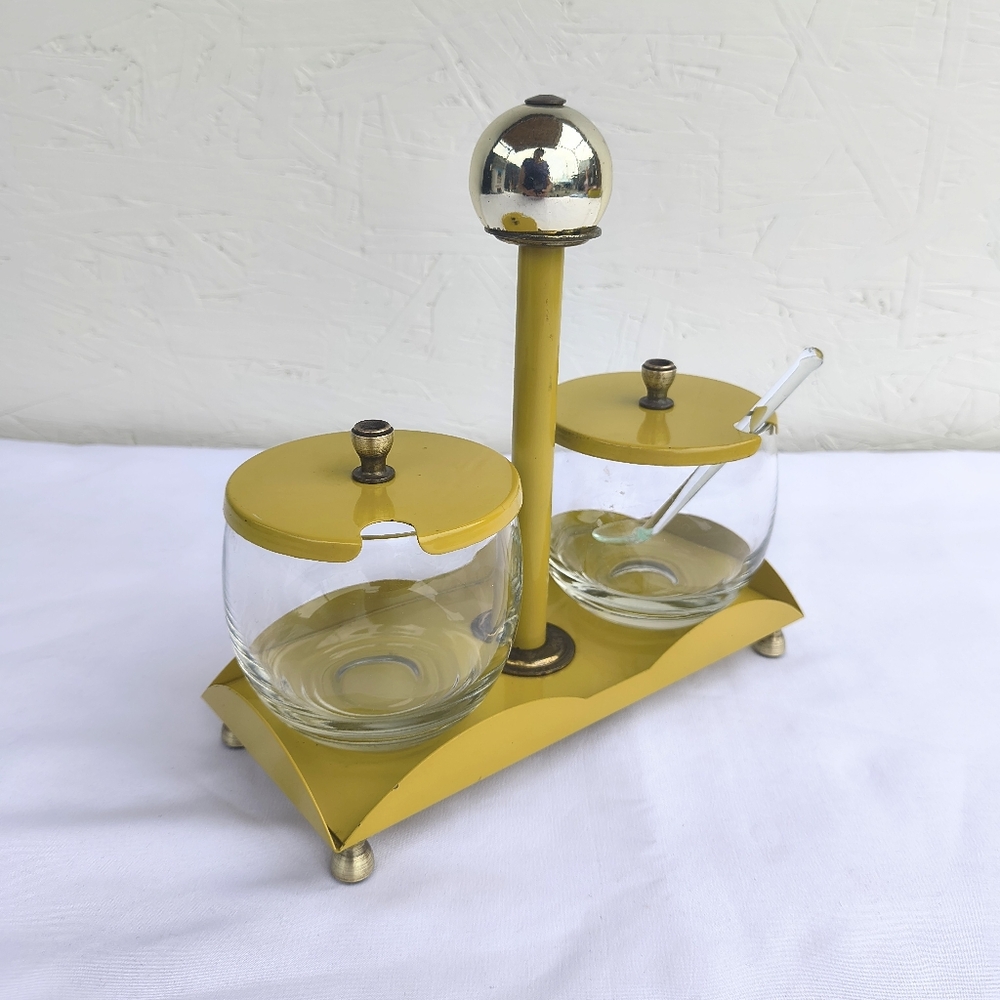 VINTAGE Mustard Yellow & Brass Retro Condiment Holder - Picture 10 of 14